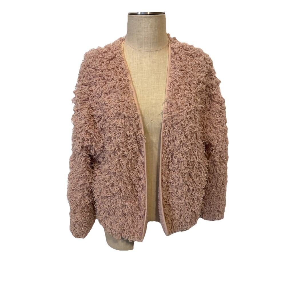 LFT Pink Textured Open Front Cardigan Jacket Women’s Size L Cozy Shaggy Knit